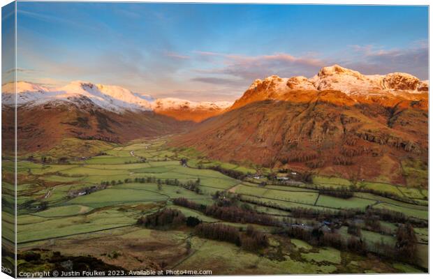 The Langdale Pikes at sunrise, Lake District Canvas Print by Justin Foulkes