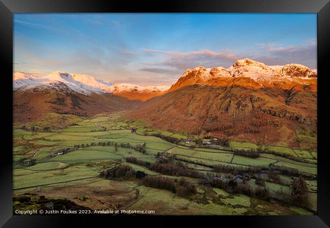 The Langdale Pikes at sunrise, Lake District Framed Print by Justin Foulkes