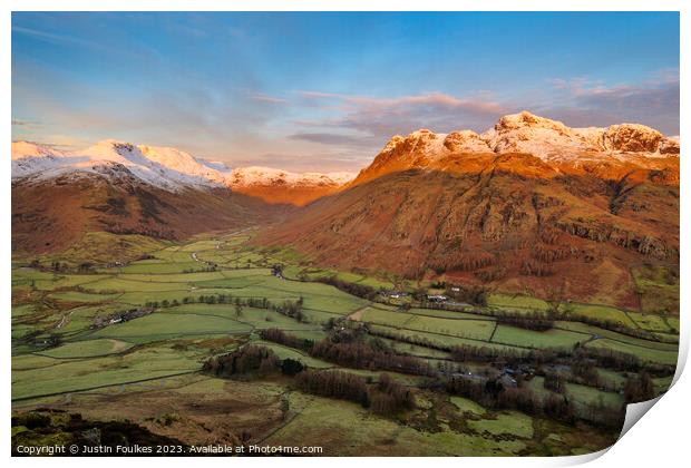 The Langdale Pikes at sunrise, Lake District Print by Justin Foulkes