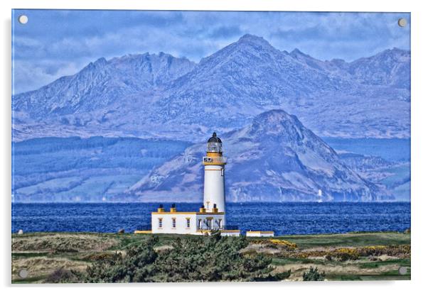 Turnberry lighthouse and Arran (painting effect) Acrylic by Allan Durward Photography