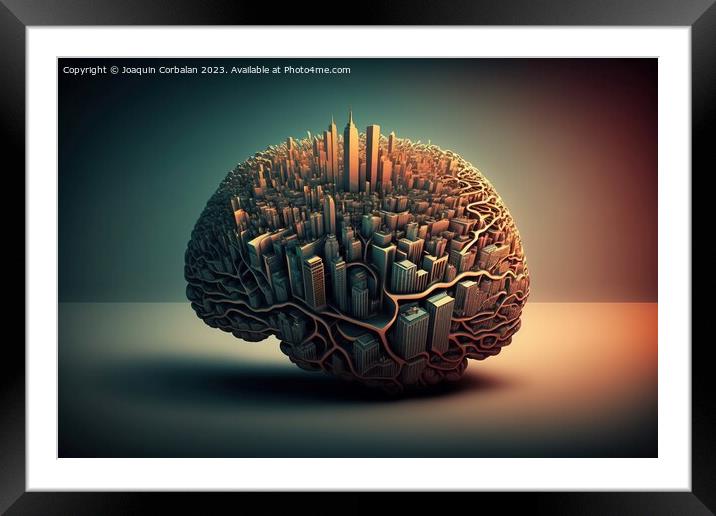 A city in the shape of a brain network, conceptual illustration. Framed Mounted Print by Joaquin Corbalan