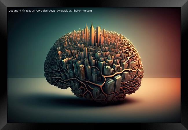 A city in the shape of a brain network, conceptual illustration. Framed Print by Joaquin Corbalan