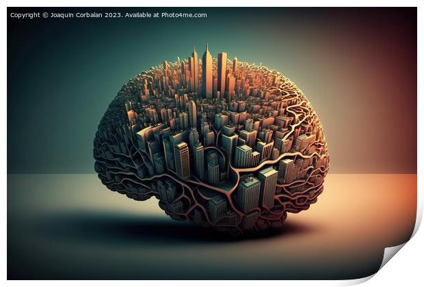 A city in the shape of a brain network, conceptual illustration. Print by Joaquin Corbalan