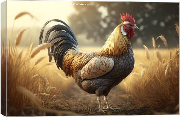 Illustration of a free colorful rooster by the field .Ai generat Canvas Print by Joaquin Corbalan