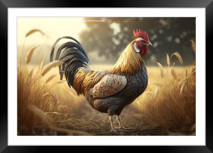 Illustration of a free colorful rooster by the field .Ai generat Framed Mounted Print by Joaquin Corbalan