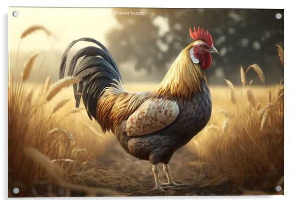 Illustration of a free colorful rooster by the field .Ai generat Acrylic by Joaquin Corbalan