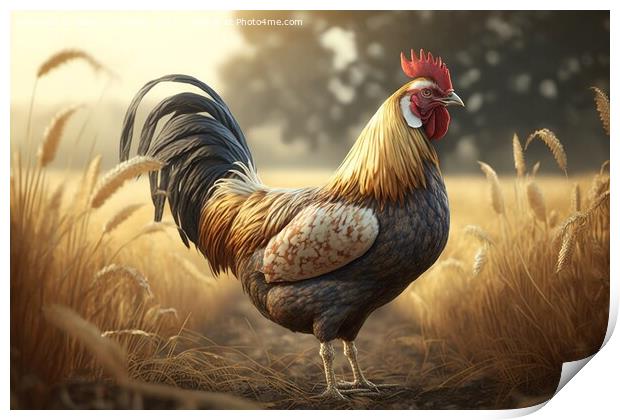 Illustration of a free colorful rooster by the field .Ai generat Print by Joaquin Corbalan