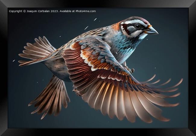 A small sparrow, flying isolated. Ai generated. Framed Print by Joaquin Corbalan