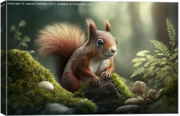 Squirrel on a branch in a spring forest, looking a Canvas Print by Joaquin Corbalan