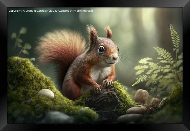 Squirrel on a branch in a spring forest, looking a Framed Print by Joaquin Corbalan