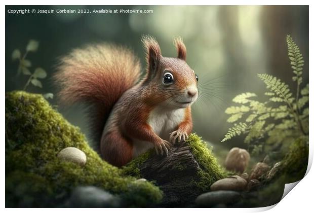 Squirrel on a branch in a spring forest, looking a Print by Joaquin Corbalan