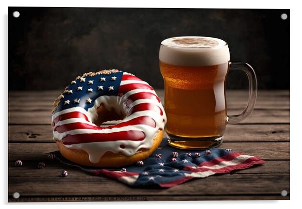A cool beer and an American flag donut to celebrate Independence Acrylic by Joaquin Corbalan