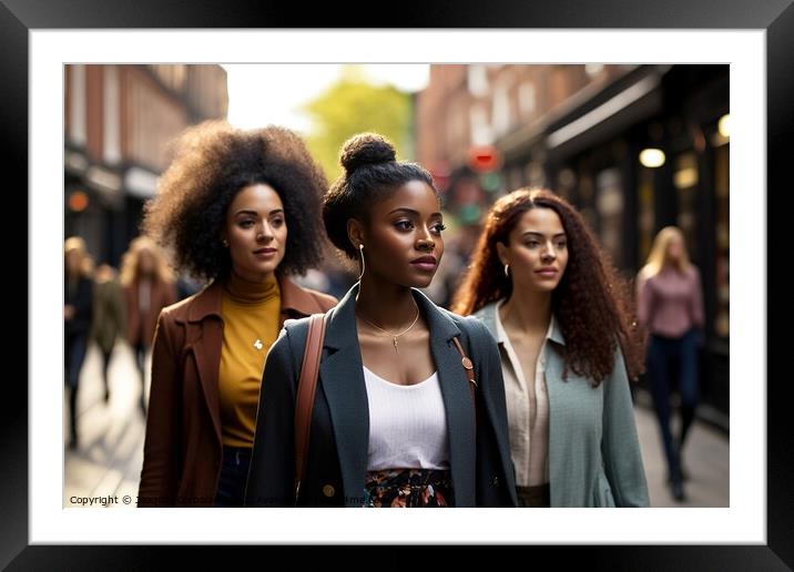 A group of beautiful young women walk resolutely down a modern c Framed Mounted Print by Joaquin Corbalan