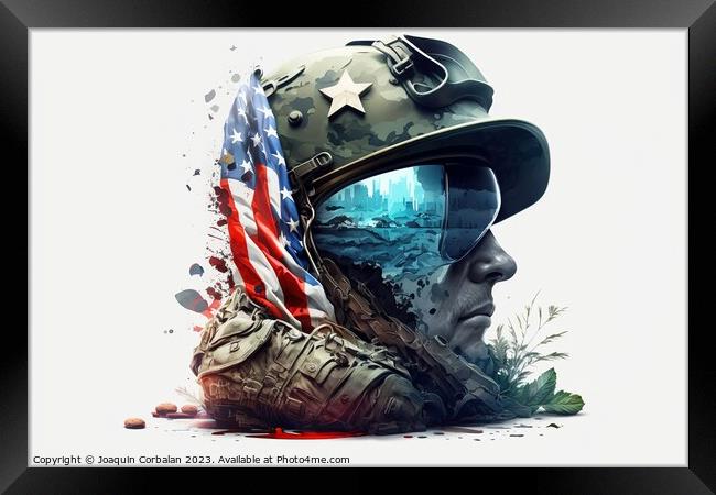 Illustration of an American soldier wearing a helmet, patriotic  Framed Print by Joaquin Corbalan