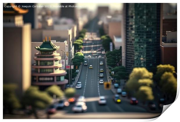 A typical street in an Asian city, in tiltshift style, with narr Print by Joaquin Corbalan