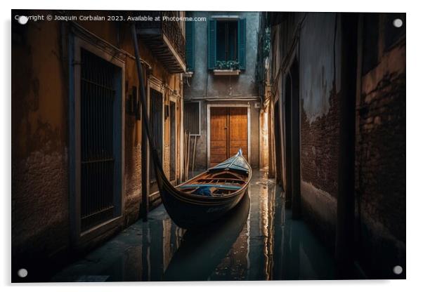 The dry water channels in Venice leave the gondolas unused, old  Acrylic by Joaquin Corbalan