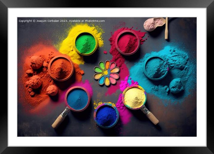 Colored chalk powder for Indian Holi festival, ready to throw an Framed Mounted Print by Joaquin Corbalan