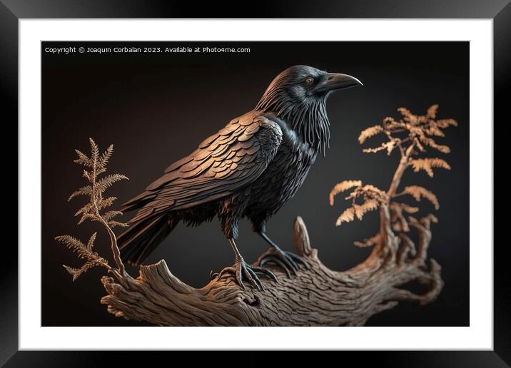 A large raven perches atop a branch, its black feathers and shar Framed Mounted Print by Joaquin Corbalan