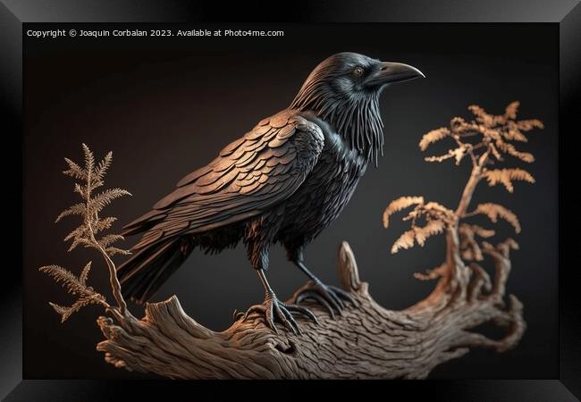 A large raven perches atop a branch, its black feathers and shar Framed Print by Joaquin Corbalan