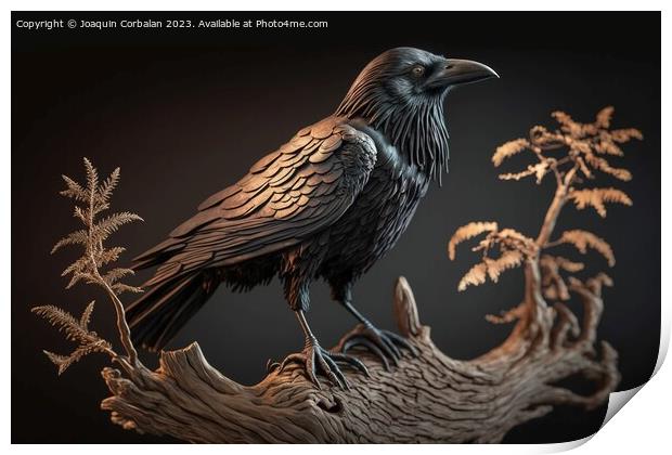 A large raven perches atop a branch, its black feathers and shar Print by Joaquin Corbalan