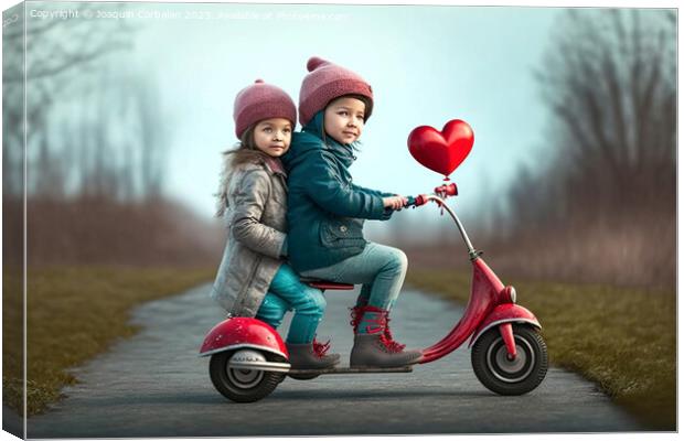 A boy and a girl ride a vintage motorcycle, with a romantic and  Canvas Print by Joaquin Corbalan