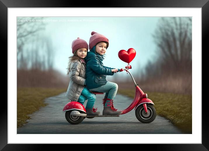 A boy and a girl ride a vintage motorcycle, with a romantic and  Framed Mounted Print by Joaquin Corbalan
