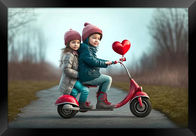 A boy and a girl ride a vintage motorcycle, with a romantic and  Framed Print by Joaquin Corbalan