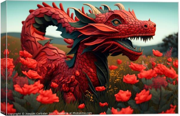 A beautiful Chinese dragon, red, made of wood, among the branche Canvas Print by Joaquin Corbalan