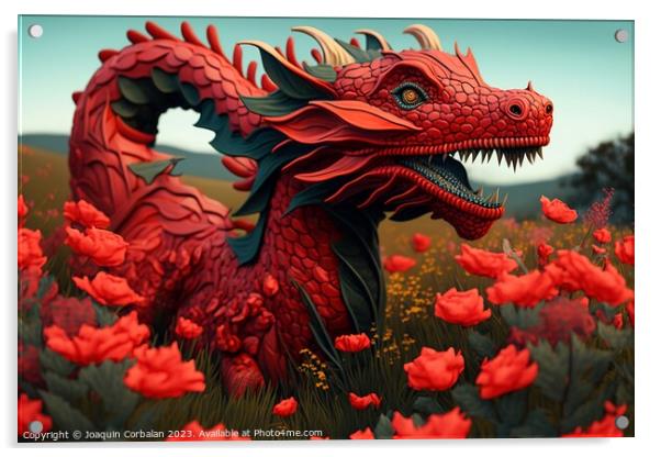 A beautiful Chinese dragon, red, made of wood, among the branche Acrylic by Joaquin Corbalan