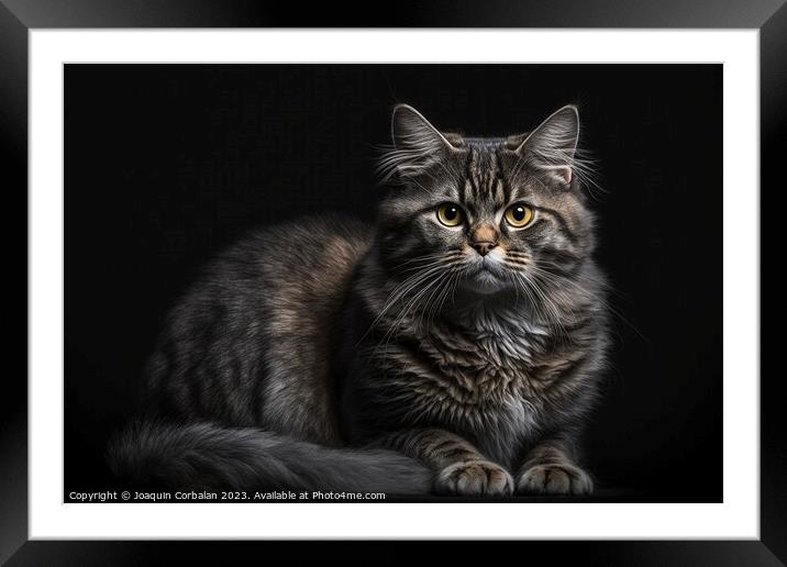 Portrait of a furry, calm cat posing on a black background. Ai g Framed Mounted Print by Joaquin Corbalan