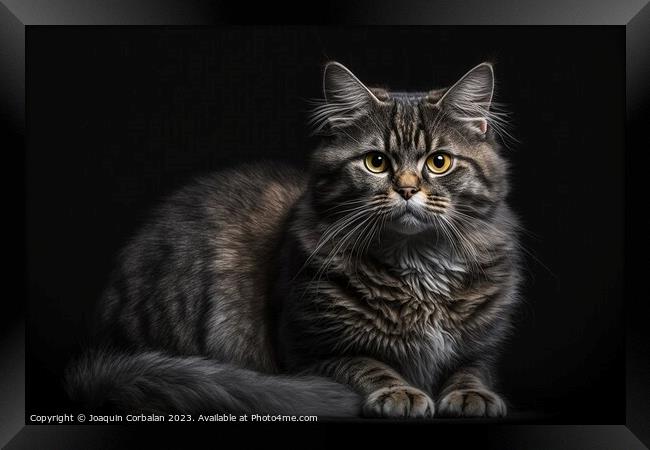 Portrait of a furry, calm cat posing on a black background. Ai g Framed Print by Joaquin Corbalan