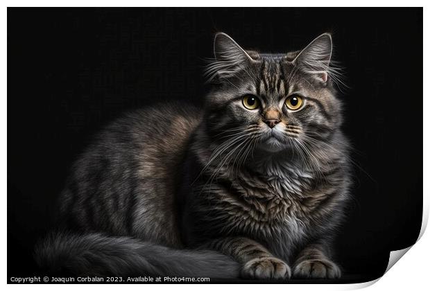 Portrait of a furry, calm cat posing on a black background. Ai g Print by Joaquin Corbalan