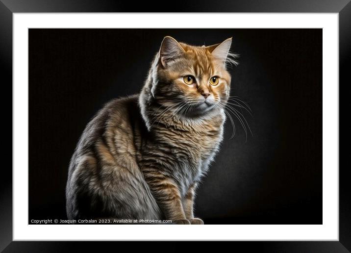 Portrait of a furry, calm cat posing on a black background. Ai g Framed Mounted Print by Joaquin Corbalan