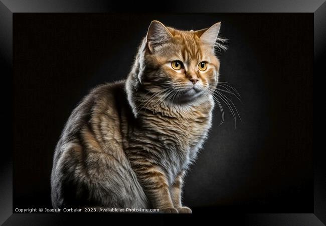 Portrait of a furry, calm cat posing on a black background. Ai g Framed Print by Joaquin Corbalan