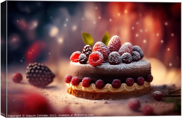 Delicious fruit and cream cake, on a background with defocused r Canvas Print by Joaquin Corbalan