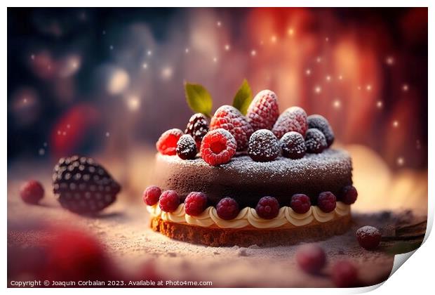 Delicious fruit and cream cake, on a background with defocused r Print by Joaquin Corbalan