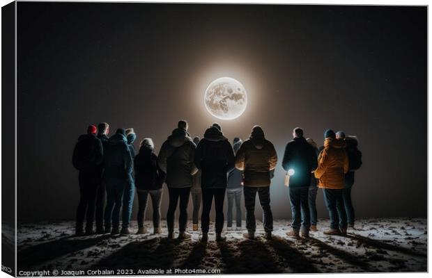 A group of men stand in the darkness, illuminated by a full moon Canvas Print by Joaquin Corbalan