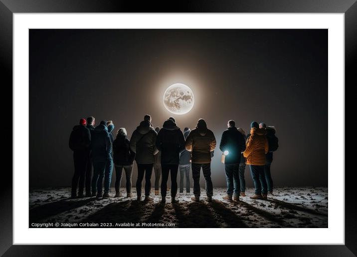 A group of men stand in the darkness, illuminated by a full moon Framed Mounted Print by Joaquin Corbalan