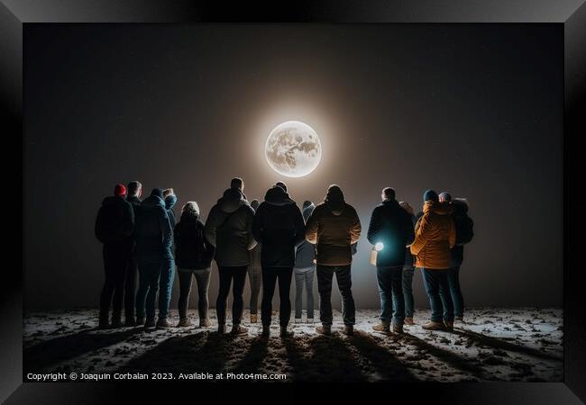 A group of men stand in the darkness, illuminated by a full moon Framed Print by Joaquin Corbalan