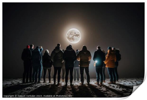 A group of men stand in the darkness, illuminated by a full moon Print by Joaquin Corbalan