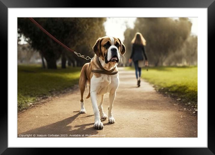 A woman walks her dog through a city park, on a leash. Ai genera Framed Mounted Print by Joaquin Corbalan