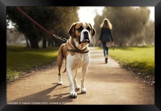 A woman walks her dog through a city park, on a leash. Ai genera Framed Print by Joaquin Corbalan