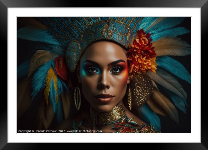 A young Brazilian woman is elegantly dressed for Carnaval, adorn Framed Mounted Print by Joaquin Corbalan