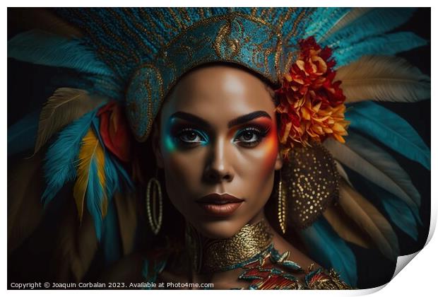 A young Brazilian woman is elegantly dressed for Carnaval, adorn Print by Joaquin Corbalan