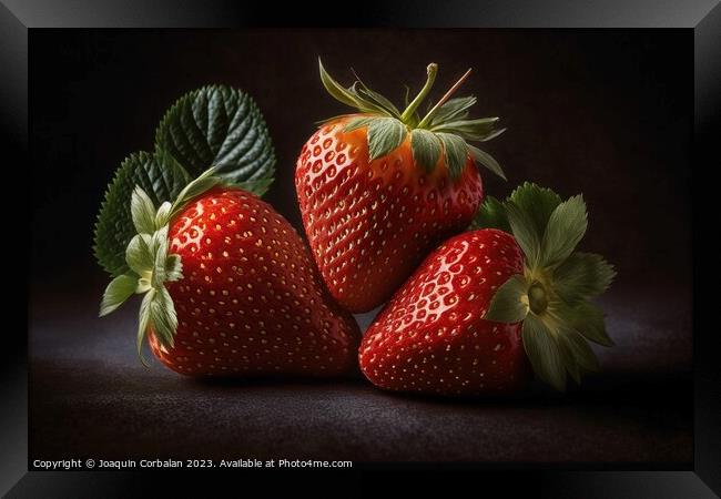 A vibrant red strawberry stands out against a black background,  Framed Print by Joaquin Corbalan