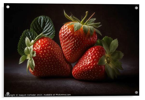 A vibrant red strawberry stands out against a black background,  Acrylic by Joaquin Corbalan