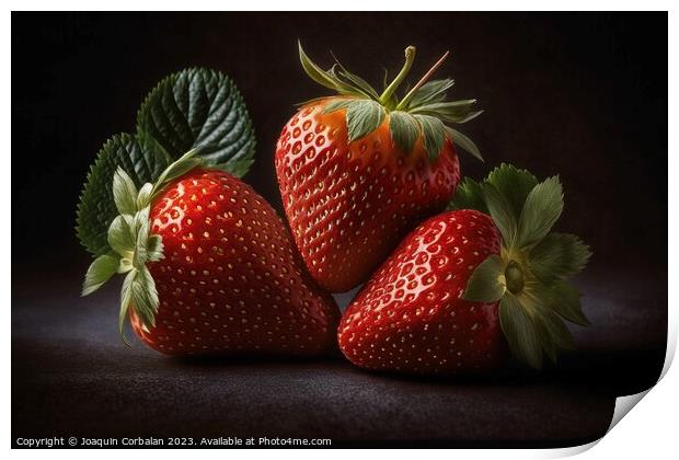 A vibrant red strawberry stands out against a black background,  Print by Joaquin Corbalan