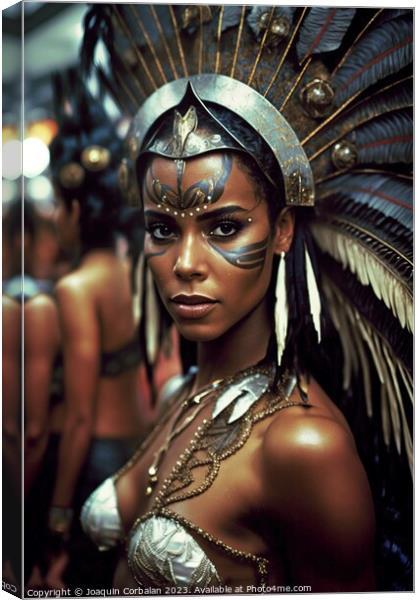 A young Brazilian woman is elegantly dressed for Carnaval, adorn Canvas Print by Joaquin Corbalan