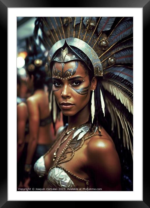 A young Brazilian woman is elegantly dressed for Carnaval, adorn Framed Mounted Print by Joaquin Corbalan