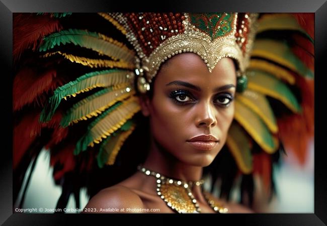 A beautiful black young woman adorned in traditional carnival cl Framed Print by Joaquin Corbalan